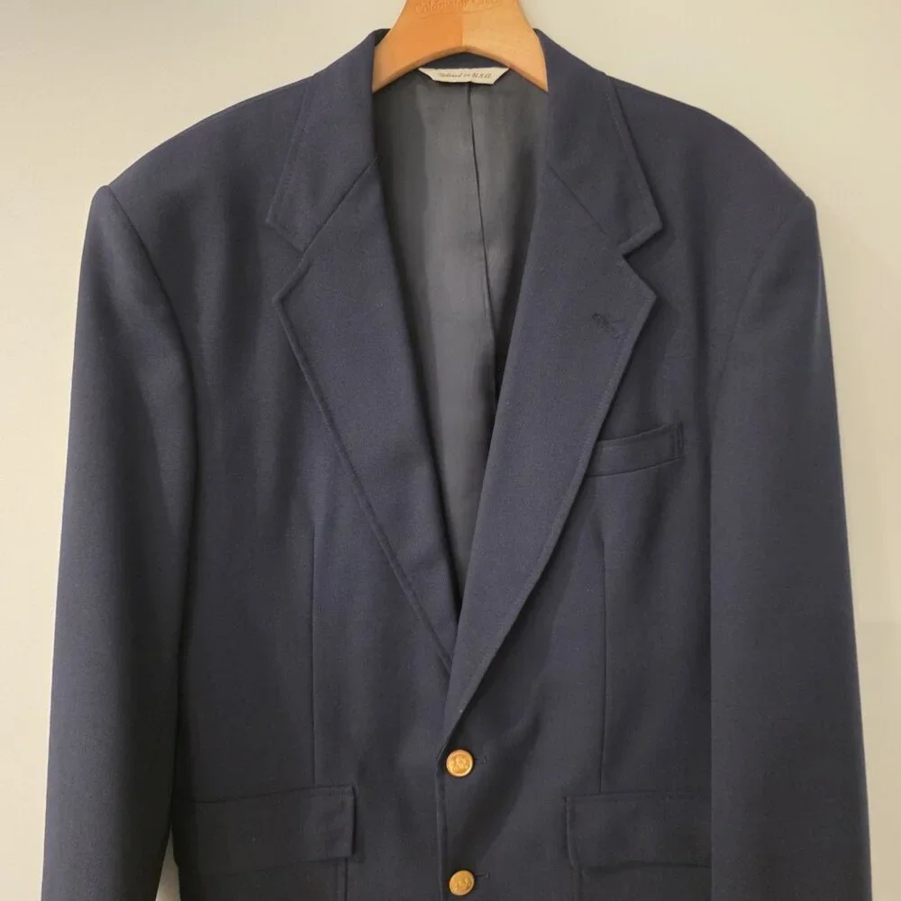 Vintage Stafford‎ Blazer Navy Blue Gold 2-Button Jacket Sport Coat USA Mens 40L